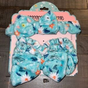 Bella Beauty Mommy and Me Spa Headband Set Turquoise Floral Plush Bow 2pc BB1388